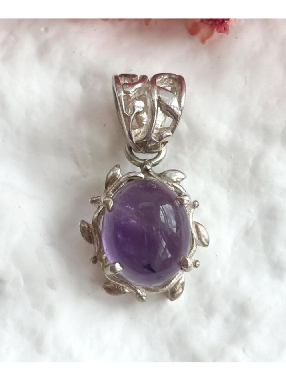 Amethyst Cabochon Classic Leaf & Twig Sterling Silver 925 Vintage Pendant